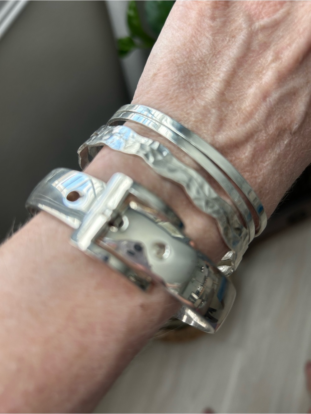American Vintage Sterling Bangle Bracelet Set - Polished & Hammered Styles